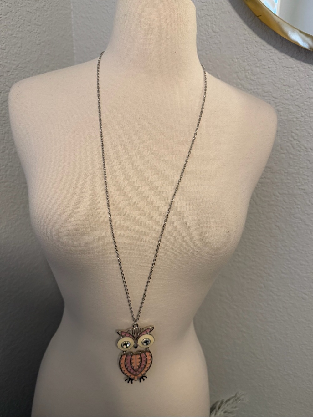 Vintage Owl Pendant Long Necklace in Pink and Cream